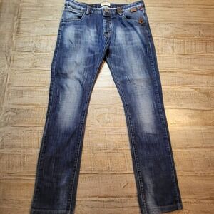 U Turn Denim Mens 32x30 Blue Distressed Button Fly Straight Leg Jeans Stretch